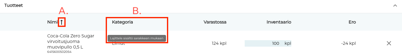 Tietojen lajitteleminen Tuotteet kohdassa.png